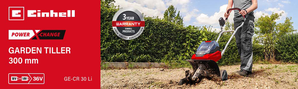 Einhell GE-CR 30 Li
36v Power-X-Change Cordless
Garden Tiller 300mm Einhell GE-CR 30 Li 36v Cordless Garden Tiller 300mm Power-X-Change