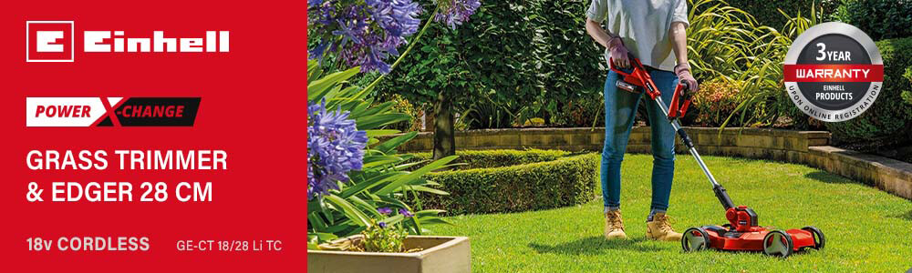 Einhell GE-CT 18/28 Li TC
18v Power-X-Change Cordless
Grass Trimmer and Edger 280mm Einhell GE-CT 18-28 Li TC 18v Cordless Grass Trimmer Edger 280mm Power-X-Change