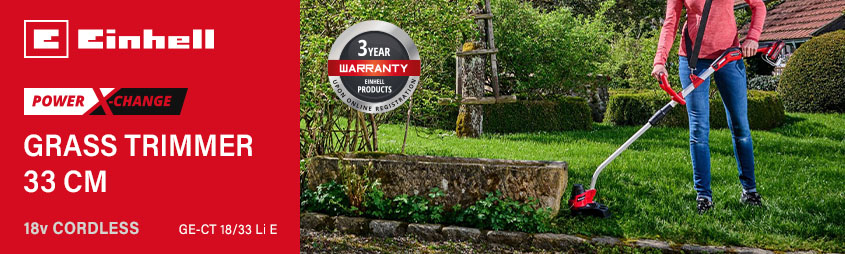 Einhell GE-CT 18/33 Li E
18v Power X-Change Cordless
Split-shaft Grass Trimmer 330mm Einhell GE-CT-18-33-Li-E 18v Power-X-Change Cordless Grass Trimmer 330mm