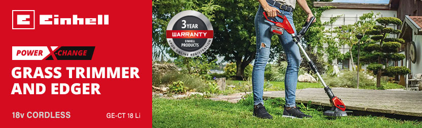 Einhell GE-CT 18 Li
18v Power-X-Change Cordless
Telescopic Grass Trimmer
and Edger 240mm Einhell GE-CT 18 Li 18v Power-X-Change Cordless Telescopic Grass Trimmer and Edger 240mm