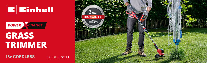 Einhell GE-CT 18/25 Li
18v Power-X-Change Cordless
Grass Trimmer 250mm Einhell GE-CT 18/25 Li 18v Power-X-Change Cordless Grass Trimmer 250mm