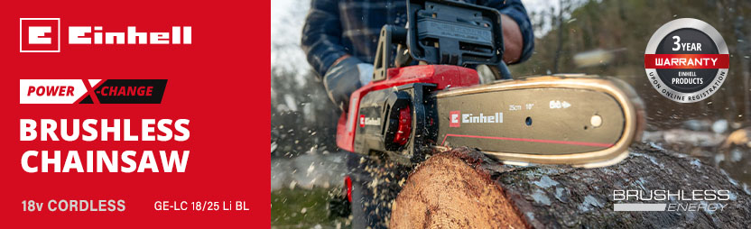 Einhell GE-LC 18/25 Li BL
18v Power X-Change Cordless
Brushless Chainsaw 250mm Einhell GE-LC 18/25 Li BL cordless chainsaw Power X-Change 3-year warranty