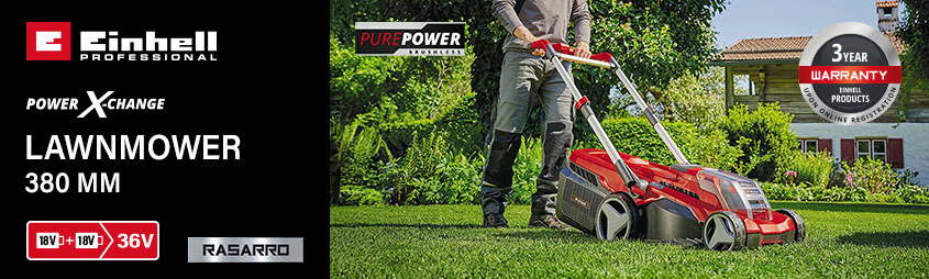 Einhell Professional RASARRO 36/38
36v Power-X-Change Cordless Brushless
Rotary Lawnmower 380mm Einhell Professional Power-X-Change RASARRO-36-38 18v Cordless Brushless Rotary Lawnmower 380mm