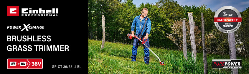 Einhell Professional GP-CT 36/35 Li BL
36v Power-X-Change Cordless Brushless
Grass Trimmer 350mm Einhell Professional Power-X-Change GP-CT 36-35 Li BL 36v Cordless Twinpack Brushless Grass Trimmer 350mm