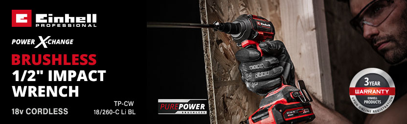 Einhell Professional TP-CW 18/260-C Li BL
18v Power-X-Change Cordless
Brushless 1/2" Impact Wrench Einhell Professional TP-CW 18/260-C Li BL 18v Cordless Brushless 1/2" Impact Wrench