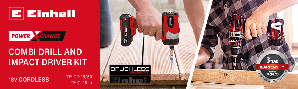 Einhell 18v Power-X-Change Cordless Brushless
Combi Drill (TE-CD 18/50 Li-i BL)
and Impact Driver (TE-CI 18 Li BL) Kit Einhell 18v Cordless Brushless Combi Drill TE-CD 18-50 Li-i BL and Impact Driver TE-CI 18 Li BL Kit Power-X-Change