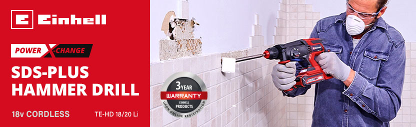 Einhell TE-HD 18/20 Li
18v Power-X-Change Cordless
SDS-Plus 4-Mode Hammer Drill Einhell TE-HD 18/20 Li 18v Cordless SDS-Plus 4-Mode Hammer Drill