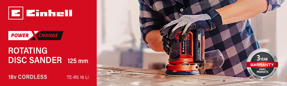 Einhell TE-RS 18 Li
18v Power-X-Change Cordless Rotating Disc Sander 125mm Einhell TE-RS 18 Li 18v Cordless Rotating Disc Sander 125mm Power-X-Change