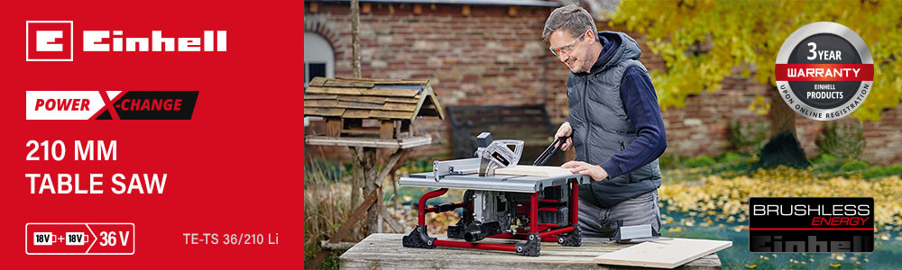 Einhell TE-TS 36/210 Li
36v Power-X-Change Cordless
Table Saw 210mm (Uses 2 x 18v) Einhell TE-TS 36-210 Li 36v Cordless Table Saw 210mm Power-X-Change