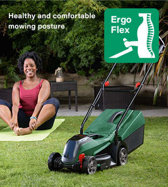 Healthy and comfortable mowing posture
Mow with less effort and maximum control.
The Bosch ErgoFlex handles reduce strain
on the arms and back by providing a perfect
mowing posture. Bosch CITYMOWER 18-32 Cordless Rotary Lawnmower ErgoFlex handle