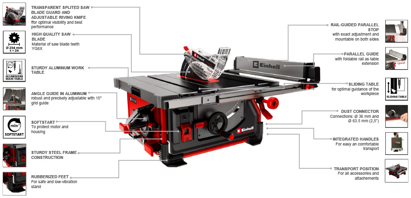 Einhell Professional TP-CC 10 T 2000W Table Saw Features