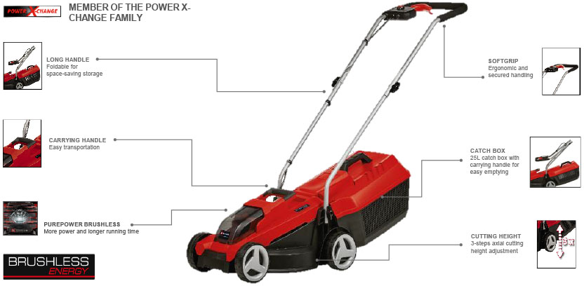 Features & Benefits
• Member of the Power X-Change family
• Brushless motor - more power and longer running time
• PurePOWER Brushless - 10 year motor warranty after registration
• Axial cutting height adjustment, 3 levels (30-70mm)
• Long handle folding - space saving storage
• Integrated carry-handle for easy transport
• Grass protecting, large wheels
• High quality, blow tough plastic housing
• Recommended for lawn areas up to 180 m² Einhell GE-CM 18/32 Li 18v Cordless PurePower Brushless Motor Lawnmower 32cm