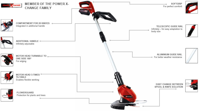 Features & Benefits
• Member of the Power X-Change family
• Infinitely adjustable second handle
• Telescopic long handle, infinitely adjustable
• Motor head rotateable +/- 90° for vertical surfaces + lawn edges
• Motor head can be tilted to 5 settings - versatile working
• Flower guard - protecting flowers and trees against damage
• Compartment for 20 blades integrated in second handle
• Soft grip - perfect comfort Einhell GE-CT 18 Li 18v Cordless Grass Trimmer Edger Flower guard