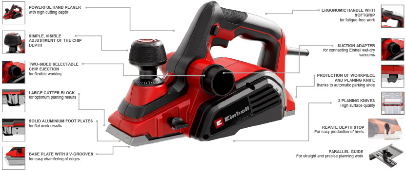 Einhell TE-PL 920 Electric Planer Reversible TCT blades Rip fence Ergonomic softgrip dust port chip ejection chamferring