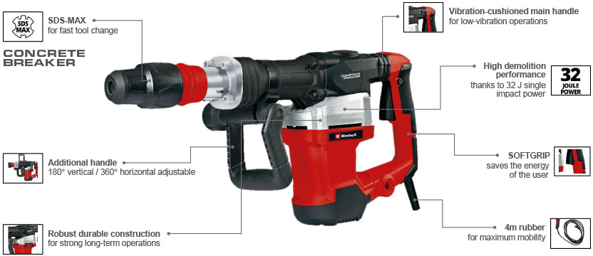 Features & Benefits
• High demolition performance thanks to 32 J single impact power
• Robust SDS-max tool chuck for fast tool change
• Low-vibration thanks to the vibration-cushioned main handle
• Soft grip pads absorb vibrations also in additional handle
• 180° vertical / 360° horizontal adjustable additional handle
• Automatically switching off carbon brushes prevent malfunctions
• Robust, durable construction for strong long-term operations
• Robust 4 m rubber cable for maximum mobility
• Ready for action thanks to the supplied pointed and flat chisel Einhell TE-DH 32 SDS-Max Demolition Hammer concrete breaker low-vibration