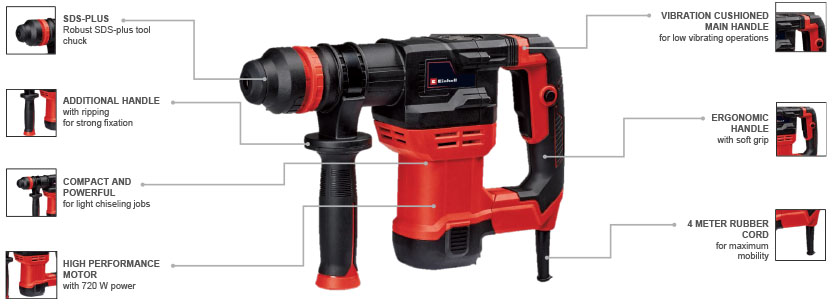 Features & Benefits
• Compact and powerful demolition hammer
• Compatible with SDS Plus chisels
• Anti-vibration system
• Fully adjustable auxiliary handle
• Robust, rubberised power cable
• Supplied with a flat chisel and a point chisel
• Einhell TE-DH 5 SDS-Plus Demolition chisel Hammer anti-vibration softgrip
