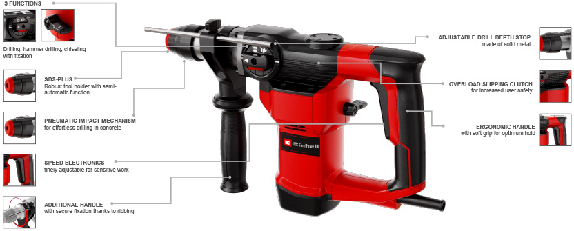 Features & Benefits
• 3 functions: Drilling, hammer drilling and chiselling with rotation stop
• Finely adjustable speed electronics for delicate work
• Pneumatic impact mechanism for easy drilling into concrete
• Robust SDS-Plus tool adapter with semi-automatic operation
• Auxiliary handle attaches securely thanks to ribbing
• Overload slipping clutch for increased user safety
• Adjustable solid-metal drill depth stop
• Ergonomic handle with Softgrip surfaces for improved control Einhell TC-RH 28 3F SDS Plus Hammer Drill 950 watt motor speed control