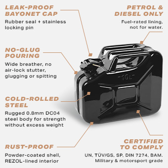 Sirius 10L black metal jerry can features: leak-proof bayonet cap, no-glug pouring, cold-rolled steel, rust-proof lining