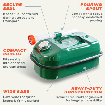 Sirius Hippo 10L Steel Jerry Can – Features Sirius Hippo 10L Green steel jerry can showing secure seal, pouring spout, compact profile, wide base and heavy-duty construction
