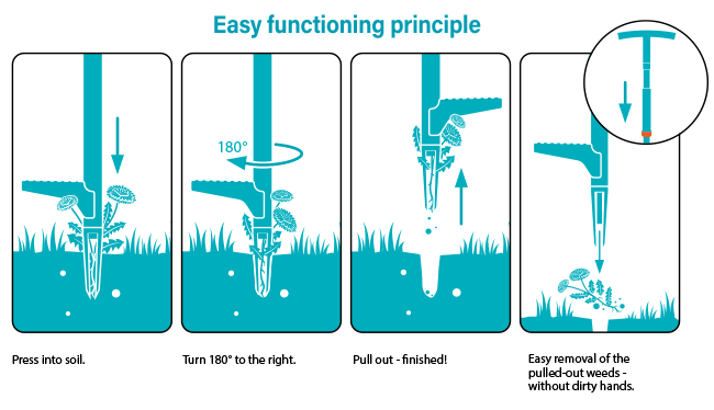 Easy functioning principle
Press into soil, turn 180°, pull out,
remove – without dirty hands. Gardena Weed Puller Functioning Principle 351820