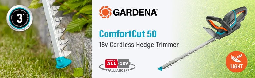 Gardena ComfortCut 50 P4A
18v Cordless Hedge Trimmer
500mm Gardena ComfortCut P4A 50 18v Cordless Hedge Trimmer 500mm 14730-55