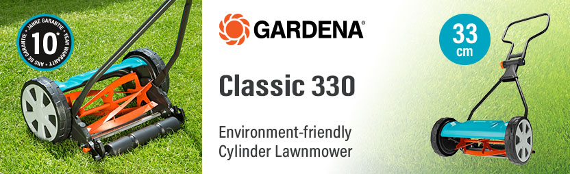 Gardena Classic 330 33cm Cylinder Lawnmower 4027-20 – Environment-Friendly, 10 Year Warranty Gardena Classic 330 environment-friendly hand cylinder lawnmower, 33cm cutting width, 10-year warranty – model 4027-20