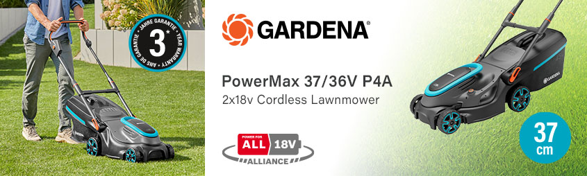 Gardena POWERMAX 37 P4A
36v Cordless Rotary Lawnmower 370mm Gardena 14638-55 POWERMAX 37 P4A 36v Cordless Rotary Lawnmower 370mm