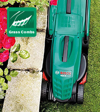 Faster and better #010;results along edges
GrassCombs reduce finishing time
by ensuring clean cutting along
edges and next to walls. Bosch ROTAK 32-12 Powerdrive motor Lawnmower GrassCombs