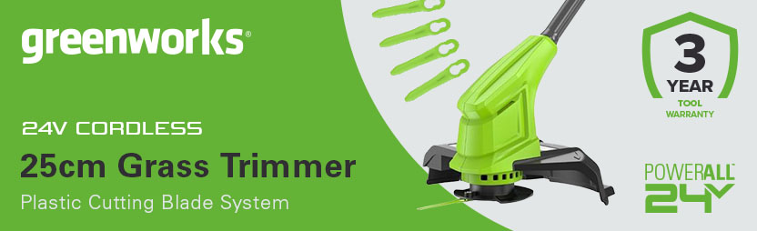 Greenworks ST24B 24v Cordless Grass Trimmer uses replaceable plastic blades rather than a length of trimming line on a spool.