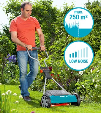 Gardena Comfort 400 C 40cm Cylinder Lawnmower 4022-20 – Low Noise, Up To 250m² Coverage Man using Gardena Comfort 400 C hand push cylinder lawnmower in a garden – 40cm cutting width, suitable for lawns up to 250m², low noise – model 4022-20
