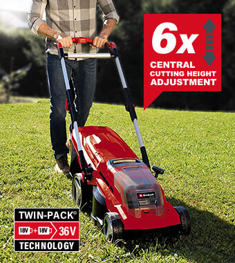 6-step central cutting height
adjustment from 25 to 75 mm. Einhell GE-CM 36-37 Li 36v Cordless Lawnmower 370mm cutting height adjustment