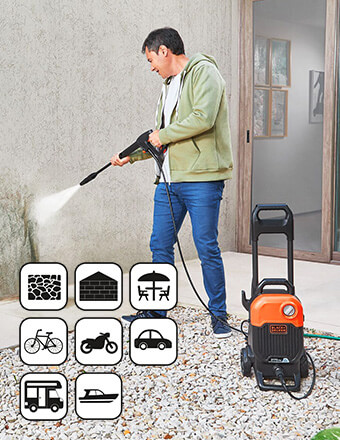 High pressure to blast away tough dirt
and high flow rate for effective rinsing. Black Decker BEPW2000 High Pressure Washer 150 Bar Aluminium pump Self-Priming blast nozzle tough dirt cleaning compact