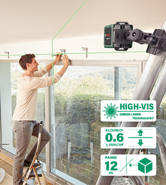 Green light for your ideas!
Green laser technology for up to 4x better visibility
even under bright lighting conditions.
Extended working range up to 12 m thanks to more
visible green laser lines.
Perfect for hanging pictures, tiling, setting curtain
rails, and installing kitchen and bath furniture. Bosch Quigo Green Laser Level Green Light High Visibility