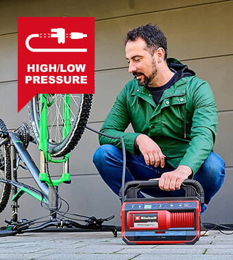 • High-pressure pump for inflating car
tyres, wheel tyres and balls.
• Low-pressure pump for filling air mattresses.
• Low-pressure suction for letting down air mattresses. Einhell PRESSITO 18-25 Hybrid Mains 240V 18v Cordless Air Compressor