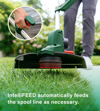 Automatic spool line for worry-free work
IntelliFEED automatically feeds the spool line
as necessary, for comfortable and continuous
work. This eliminates the need to stop and
bend to manually adjust the spool or the need
to bump the head to stimulate line feeding. Bosch UNIVERSALGRASSCUT 18V-260 Grass Trimmer Edger IntelliFEED Automatic spool line