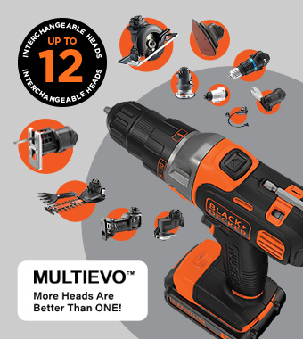 A Multievo™ is the ultimate multi-tool - with
a patented ability to convert into different
power tools with interchangeable heads. Black Decker MT218K 18v MULTIEVO Multi-Tool Interchangable Heads Attachment