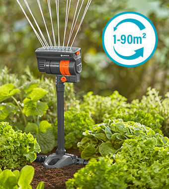 For rectangular, area-wide irrigation
The Oscillating Sprinkler is ideal for rectangular,
area-wide irrigation of plant and flower areas.
It can irrigate an area of 1 to 90 m². Gardena 13325-20 OS90 Oscillating Sprinkler irrigation