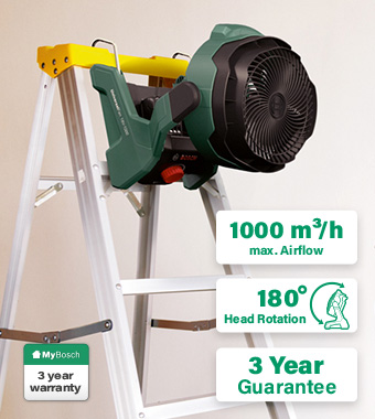 Freestanding or wall mounted, delivers a cooling breeze
which is adjustable via an airspeed dial on the front,
and can be tilted to deliver air to the required area. Bosch UniversalFan 18V-1000 P4A 18v JetBreeze Fan
