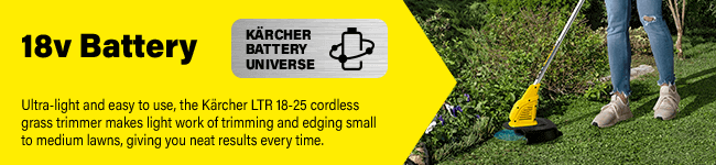 Part of the Karcher 18v battery universe range.
Compatible with Karcher 18v 2.5ah or 5.0ah batteries. Karcher LTR 1825 Grass Trimmer 18v Battery Universe Cordless Range