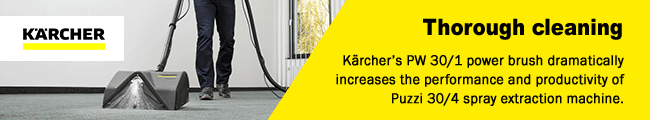 Thorough cleaning
Kärcher’s PW 30/1 power brush dramatically
increases the performance and productivity
of Puzzi 30/4 spray extraction machine. Karcher PW301 Cleaning