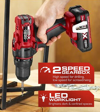 Features:
• Versatile Compact Design ( weight: 1.1kg )
• 13mm Keyless Metal Chuck for Quick Change
• 2-Speed Gearbox for High Speed and High Torque
• Integrated LED Worklight Ozito PXDDK-2400U Power X-Change Compact Keyless Metal Chuck 2-Speed Gearbox Led Worklight