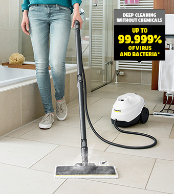 The Kärcher SC 3 EasyFix steam cleaner kills 99.99%* of all common
household bacteria. It is ready to go in 30 seconds and enables
uninterrupted cleaning thanks to the refillable water tank. Karcher SC 3 EasyFix Steam Cleaner lighweight deep cleaning kill virus bacteria