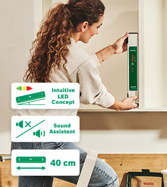 Precise alignment made easy
• One-of-a-kind spirit level with innovative, reliable,
and intuitively readable LED arrows.
• Sound assistant provides audio feedback of level status.
• Tool dimensions (L x W x H): 400 x 32 x 64 mm Bosch 0603667000 EasySpiritLevel LED Sound Spirit Level