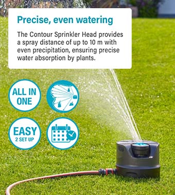 Precise, even watering
AquaPrecise offers contour-specific irrigation
for areas up to 320 m². The Contour Sprinkler
Head provides a spray distance of up to 10 m
with even precipitation, ensuring precise
water absorption by plants. Gardena 16000-20 AquaPrecise Solar-Powered Countour Sprinkler Lawn Plants Irrigation Solution
