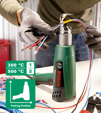 Easy-to-use heat gun allows for
confident handling
•Lightweight compact design and small size for
easy and confident handling
•Equipped with a comfortable grip zone
for good control
•<br />Two self-explanatory icons clearly display the
two easy-to-use settings
•Back of gun has a slip-resistant rubberised
surface for standing
•Variety of task-specific nozzles are perfectly designed
for each application Bosch EasyHeat 500 compact lightweight Hot Air Heat Gun