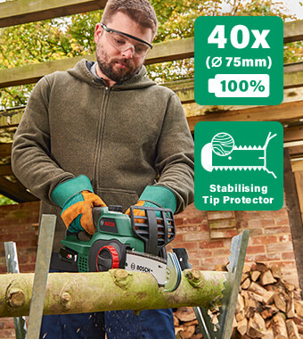 Lightweight, compact and versatile
for effortless cutting
•Exceptionally light weight at only 3 kg
including battery
•Streamlined Bosch SDS-system enables tool-free
tensioning and chain replacement
•Tip Protector with grip-teeth for clean undercuts
with minimal branch damage
•Switch between delicate pruning, waste
management, and cutting firewood easily Bosch UniversalChain 18v Cordless Lightweight SDS Chainsaw