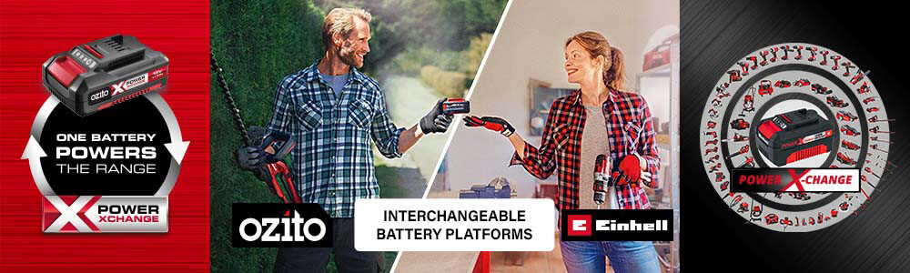 The Power X Change battery platform is shared
by cordless tools from Ozito and Einhell. Ozito Einhell 18v Cordless Power X-Change Battery Platform Interchangeable