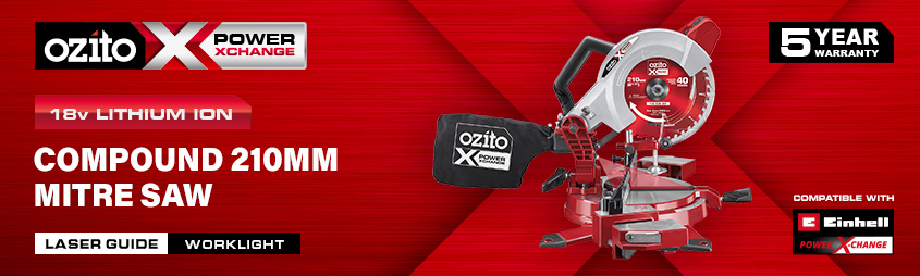 Ozito PXCMSS 18v Power-X-Change
Cordless Compound Mitre Saw 210mm Ozito PXCMSS 18v Power-X-Change Cordless Compound Mitre Saw 210mm