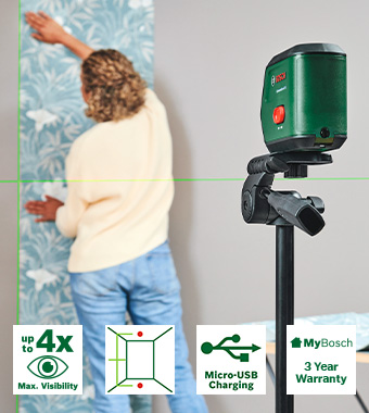 Green laser lines: Up to four
times better visibility despite
bright lighting conditions. Bosch ADVANCEDLEVEL 2G Cross Line Green Laser Level plumb points 0603663g00 bright visibility