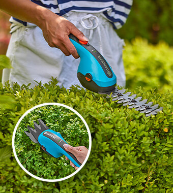 The Grass Shears can be converted to
Shrub Shears simply by replacing the blade
– conveniently, quickly and without tools. Gardena 9885-20 ClassicCut Li rechargeable integrated Battery Cordless Grass Shears Set